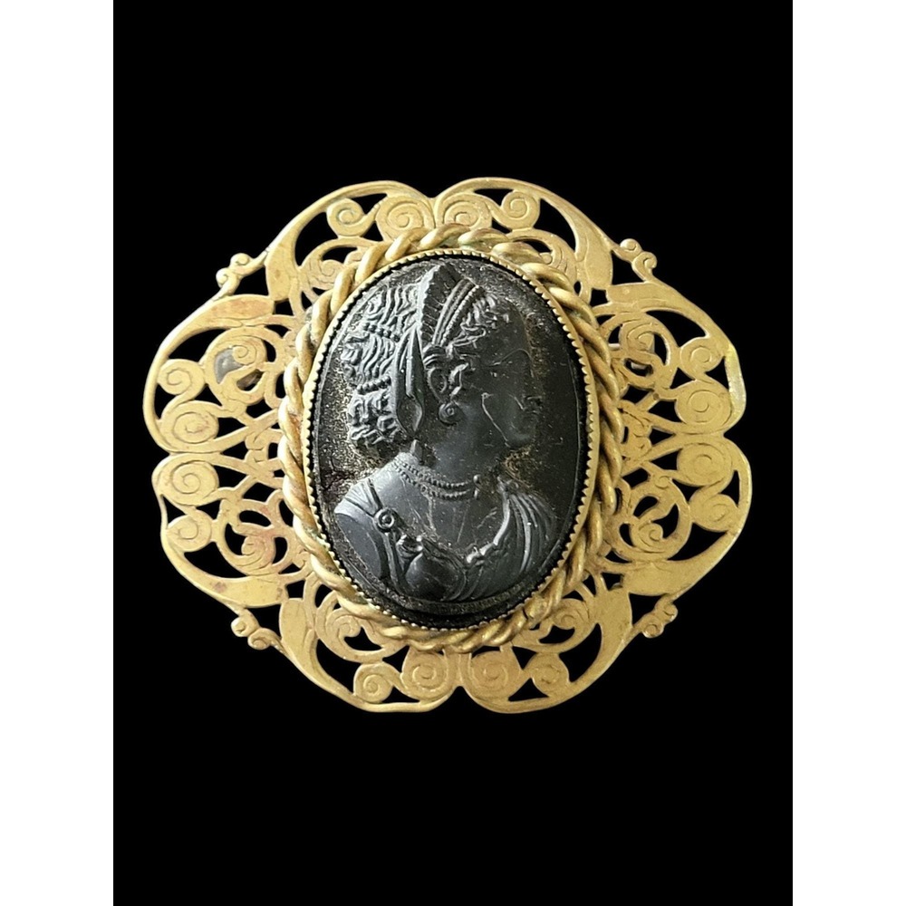Antique Victorian Mourning Cameo Brooch Pin With Ornate Filigree Gold-Tone Frame